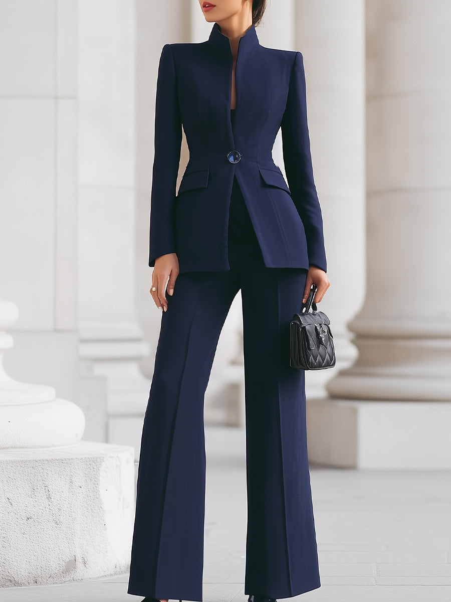 High-collar blazer and wide-leg trouser suit set for women | Navarre -1