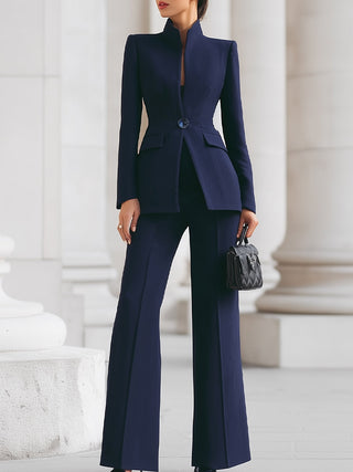 High-collar blazer and wide-leg trouser suit set for women | Navarre -1