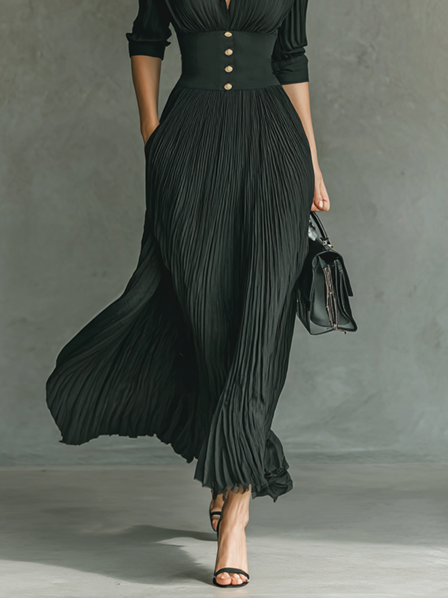 Solid pleated lapel waist maxi dress for women | Pleatura -4