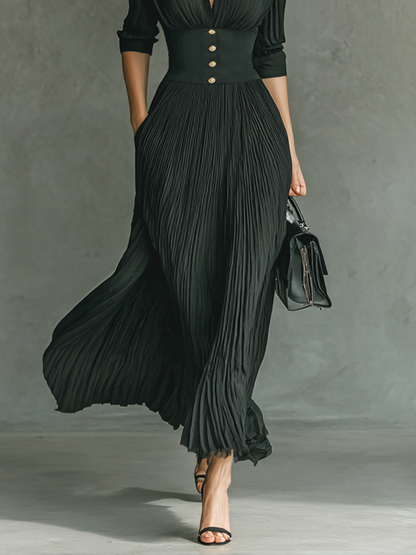 Solid pleated lapel waist maxi dress for women | Pleatura -4