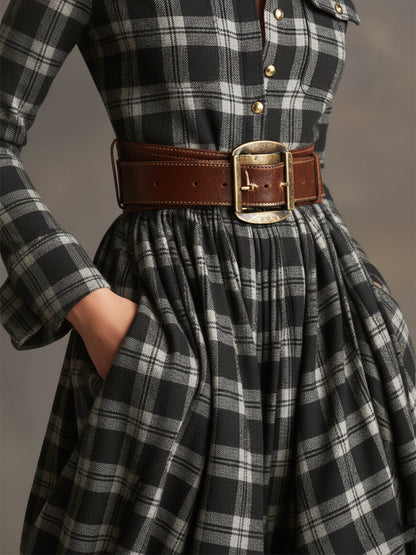Retro plaid lapel-collar belted maxi dress for women | Marzena -24