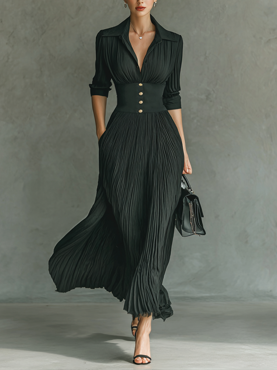 Solid pleated lapel waist maxi dress for women | Pleatura -1