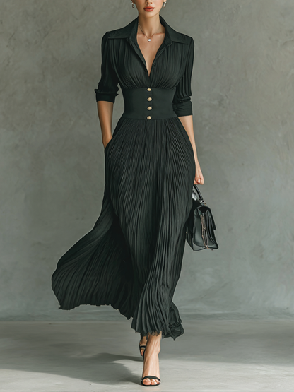 Solid pleated lapel waist maxi dress for women | Pleatura -1
