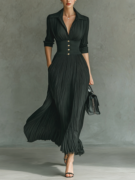 Solid pleated lapel waist maxi dress for women | Pleatura -1
