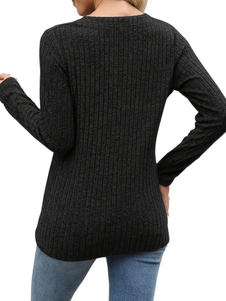 Virelle | Women's Ribbed Button Neck Long Sleeve Top