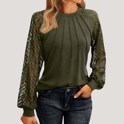 Long sleeve lace detail pleated blouse for women | Lacette -6