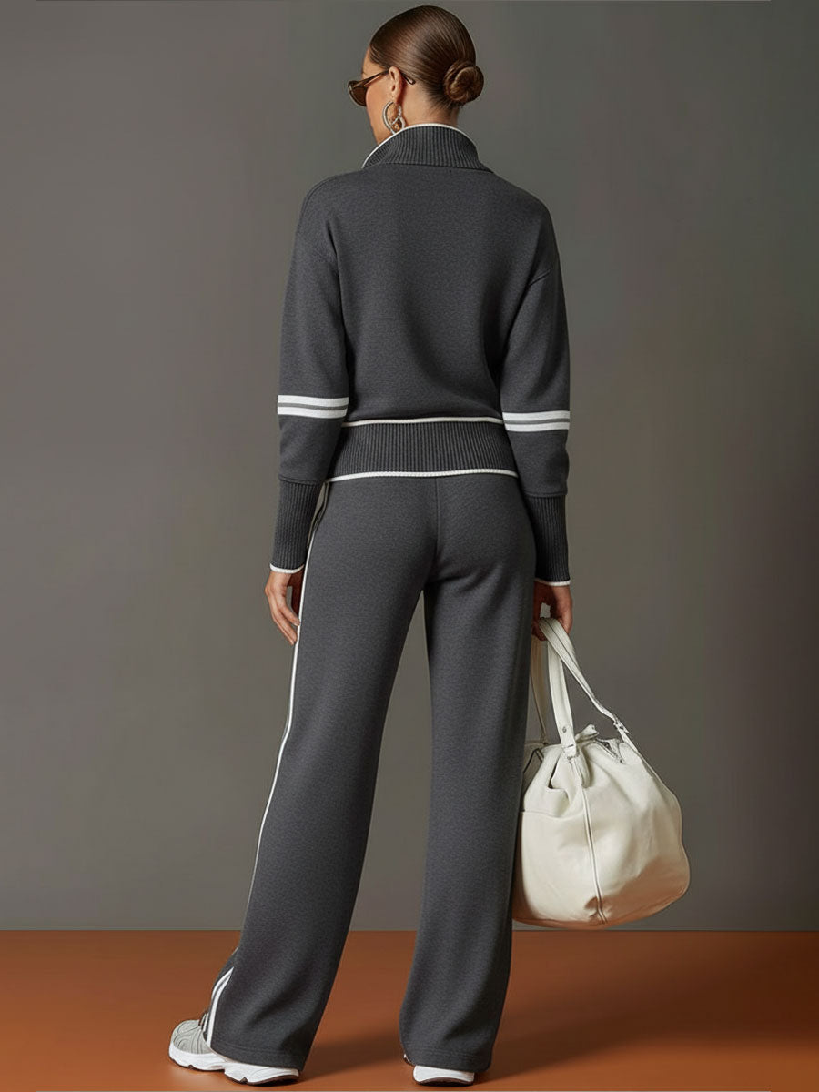 Retro half-zip sweatshirt and wide-leg trousers set for women | Vireon -7