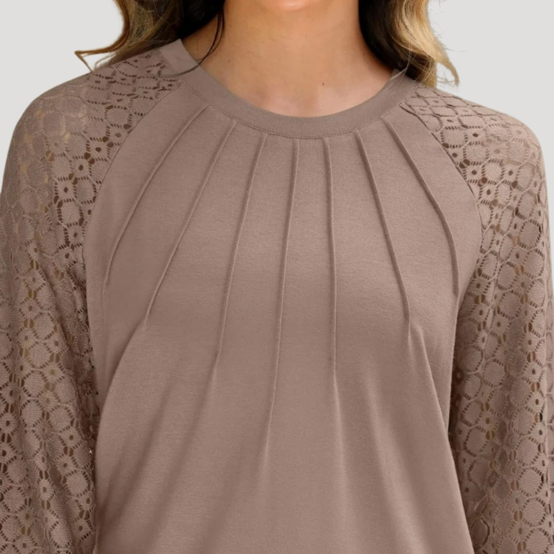 Long sleeve lace detail pleated blouse for women | Lacette -7