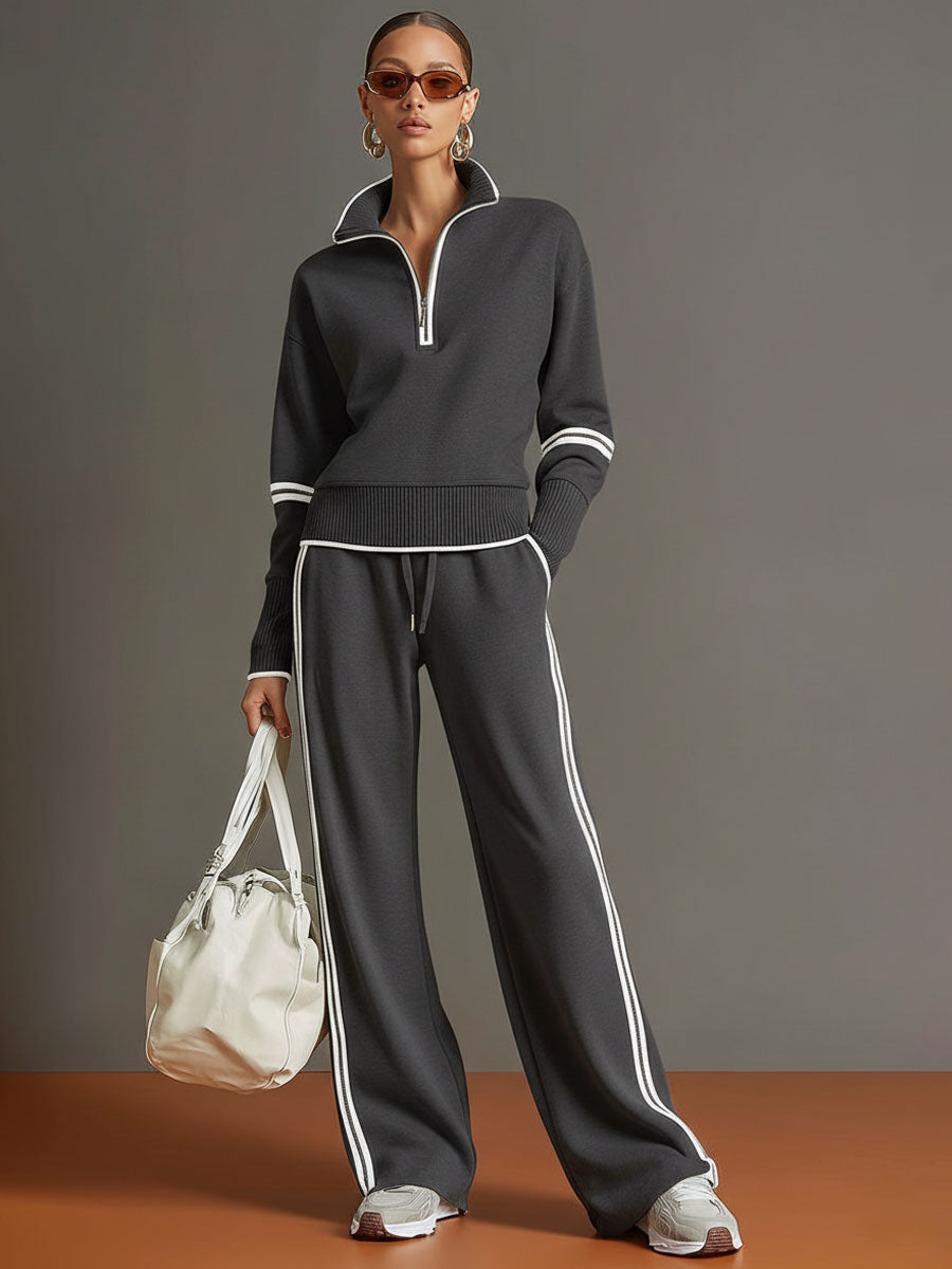 Retro half-zip sweatshirt and wide-leg trousers set for women | Vireon -6