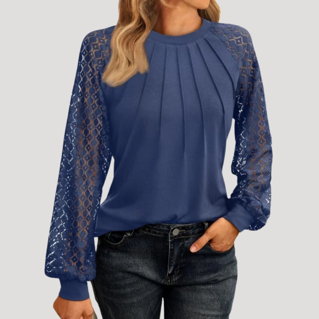 Long sleeve lace detail pleated blouse for women | Lacette -9