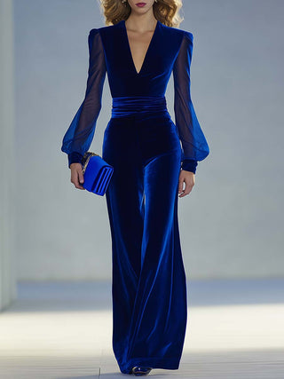 Velvet V-neck sheer-sleeve occasion jumpsuit for women | Ravelle -1