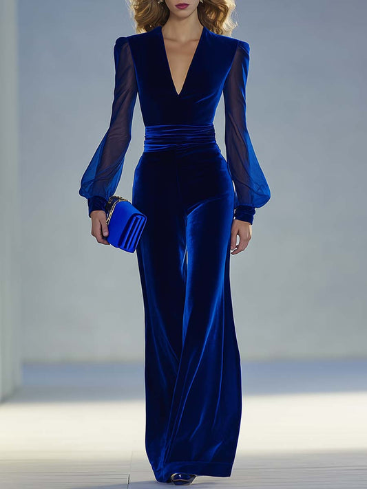 Velvet V-neck sheer-sleeve occasion jumpsuit for women | Ravelle -1