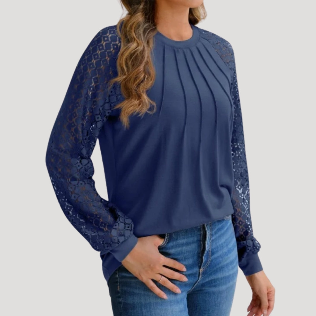Long sleeve lace detail pleated blouse for women | Lacette -10