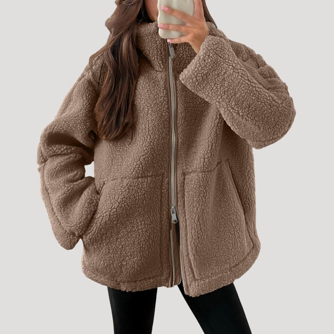 Fluffy teddy fleece zip-up winter jacket for women | Teddra -1