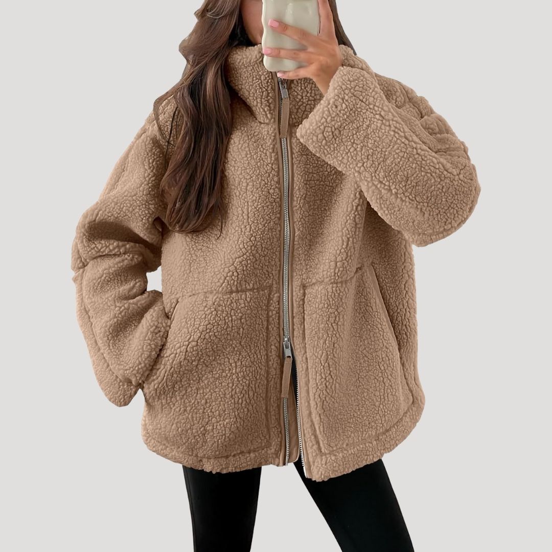 Fluffy teddy fleece zip-up winter jacket for women | Teddra -2