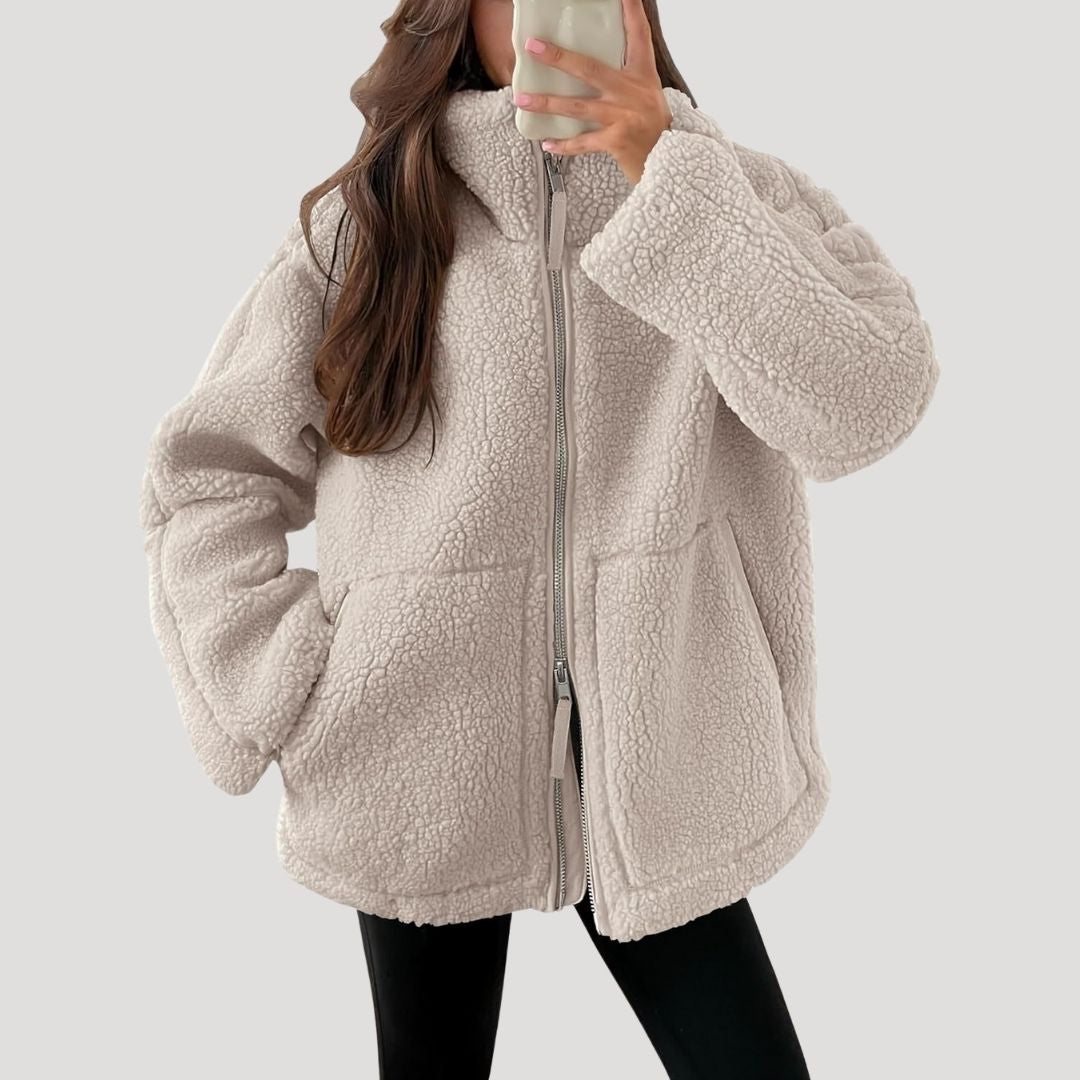 Fluffy teddy fleece zip-up winter jacket for women | Teddra -3