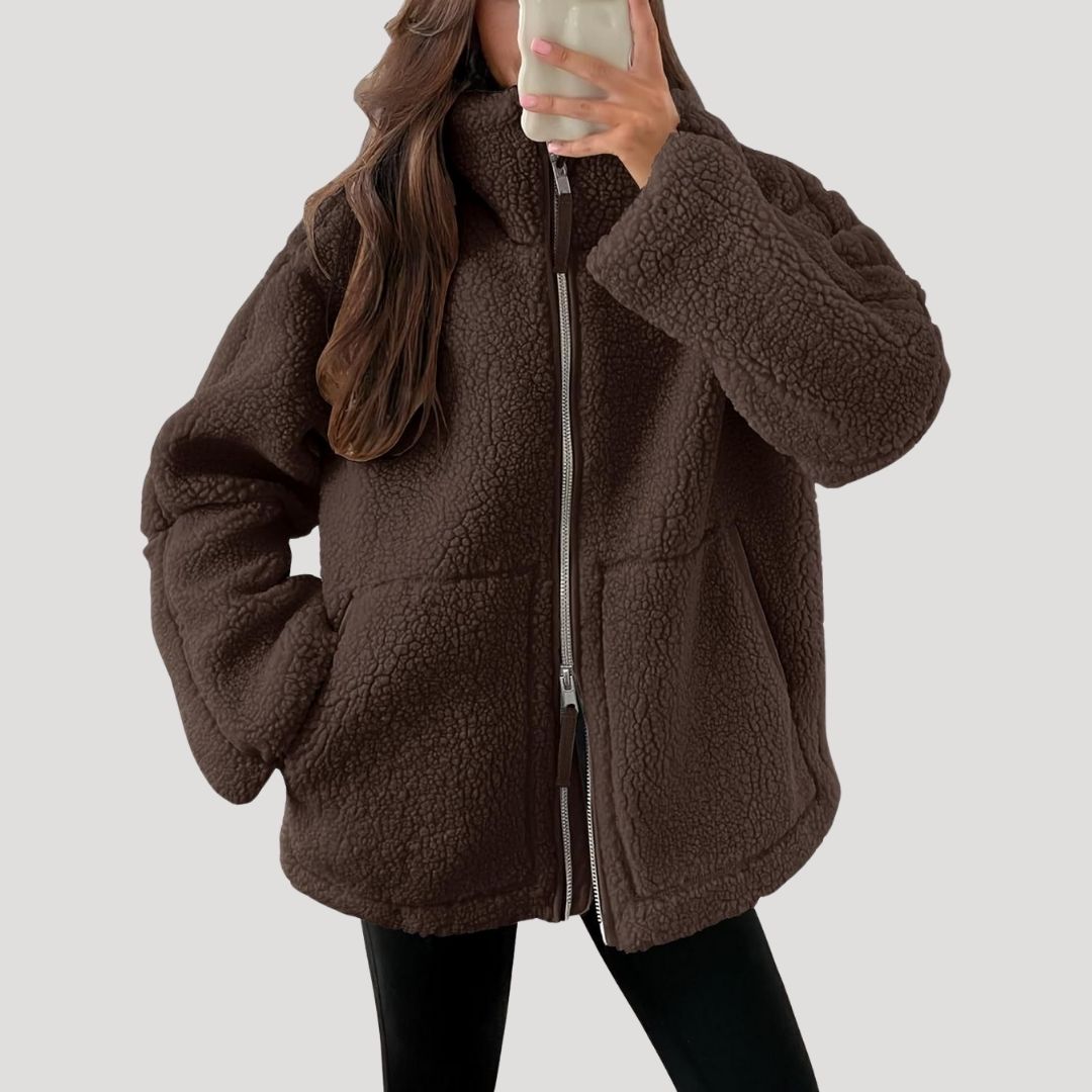 Fluffy teddy fleece zip-up winter jacket for women | Teddra -4