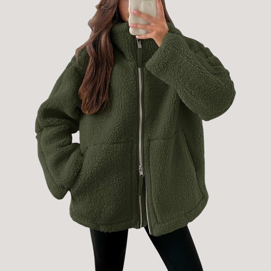Fluffy teddy fleece zip-up winter jacket for women | Teddra -5