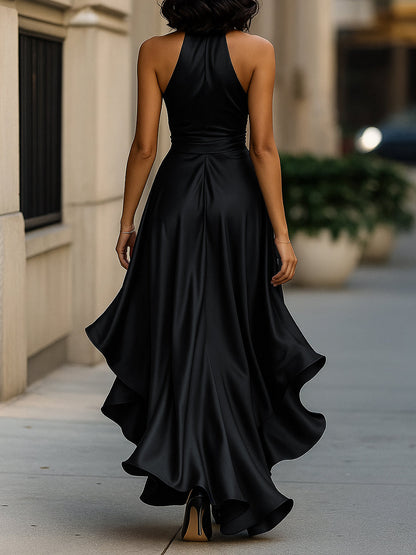 Halter ruffle high-low evening gown for women | Noctelle -16