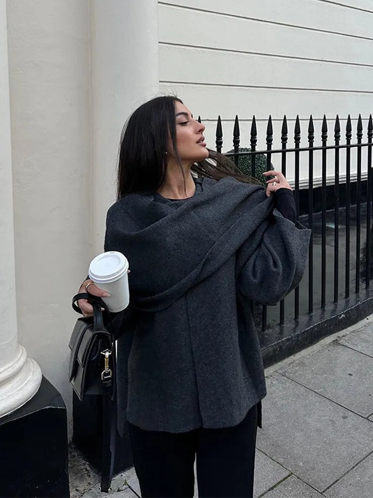 Asymmetrical elegant drape winter poncho for women | Emma -4