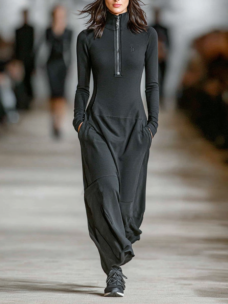 Sport cotton zip-up loose maxi dress for women | Sportella -1