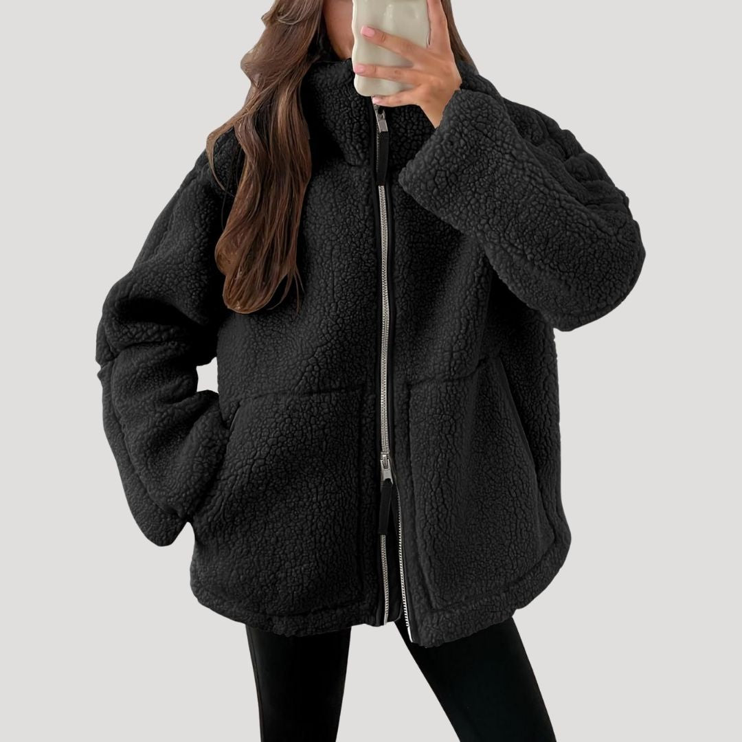 Fluffy teddy fleece zip-up winter jacket for women | Teddra -6