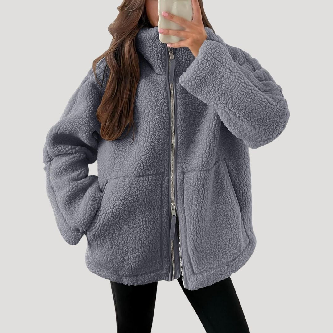 Fluffy teddy fleece zip-up winter jacket for women | Teddra -7