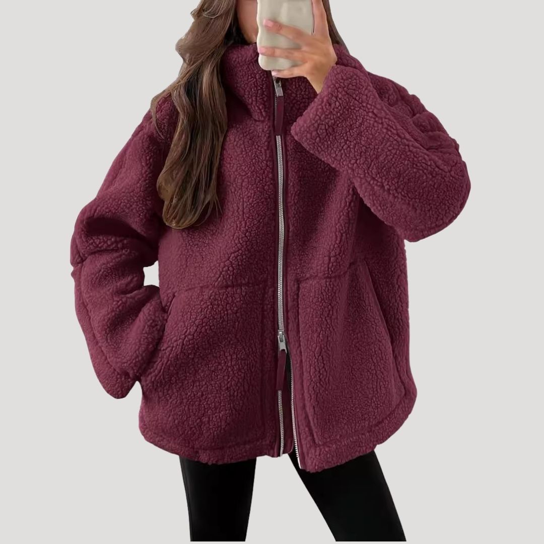 Fluffy teddy fleece zip-up winter jacket for women | Teddra -8