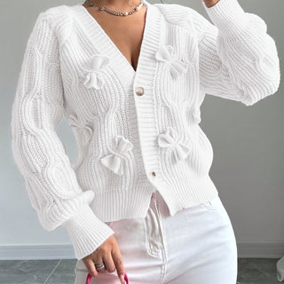 Elowen | Women's Bow Detail V Neck Knit Cardigan