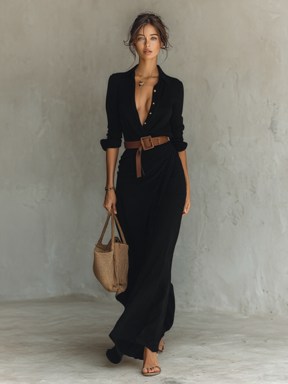 Belted lapel single-breasted maxi dress for women | Lapelle -7