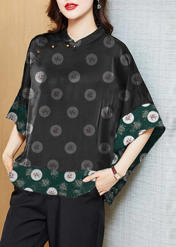 Vintage Black Mandarin Collar Asymmetrical Patchwork Shirt Women| Kaelisse