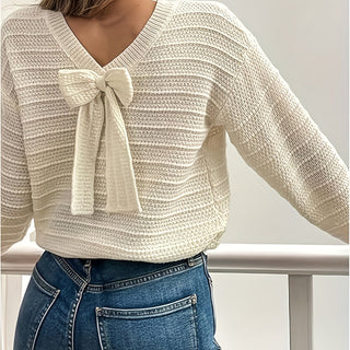 Roselle | Women's V Neck Bow Detail Knit Sweater
