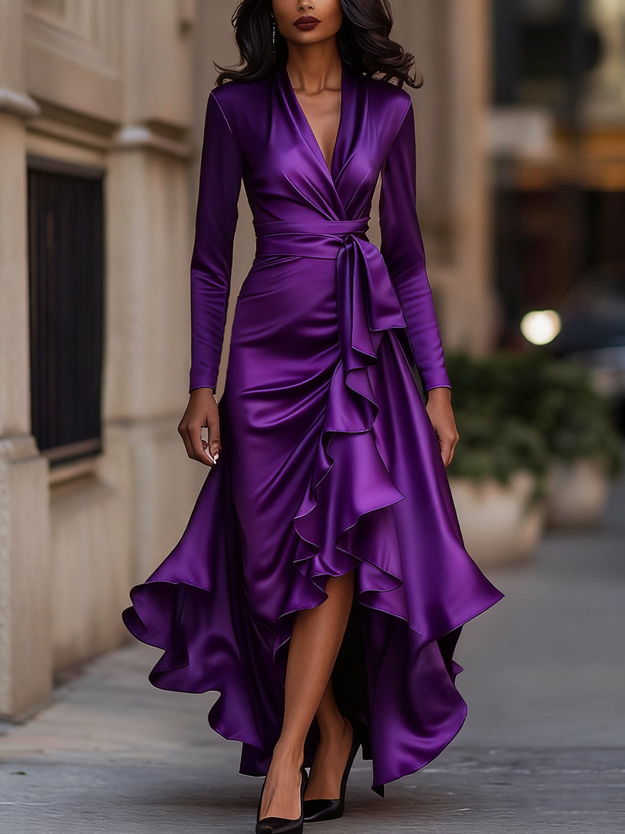 Satin draped-neckline evening maxi dress for women | Avelisse -11