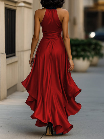 Halter ruffle high-low evening gown for women | Noctelle -20