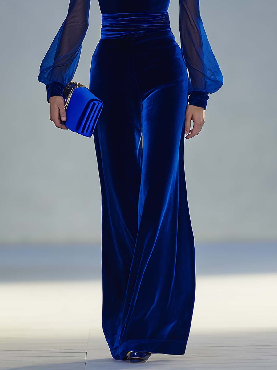 Velvet V-neck sheer-sleeve occasion jumpsuit for women | Ravelle -6