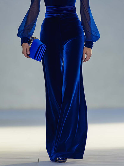 Velvet V-neck sheer-sleeve occasion jumpsuit for women | Ravelle -6