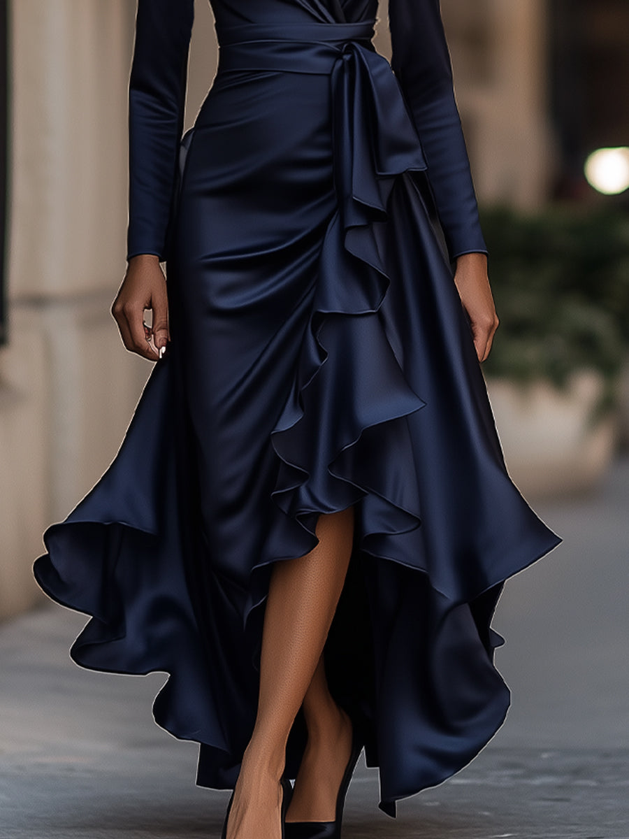 Satin draped-neckline evening maxi dress for women | Avelisse -3