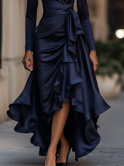 Satin draped-neckline evening maxi dress for women | Avelisse -3