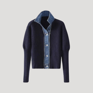 Denim-trim contrast button-front cardigan for women | Denicore -1