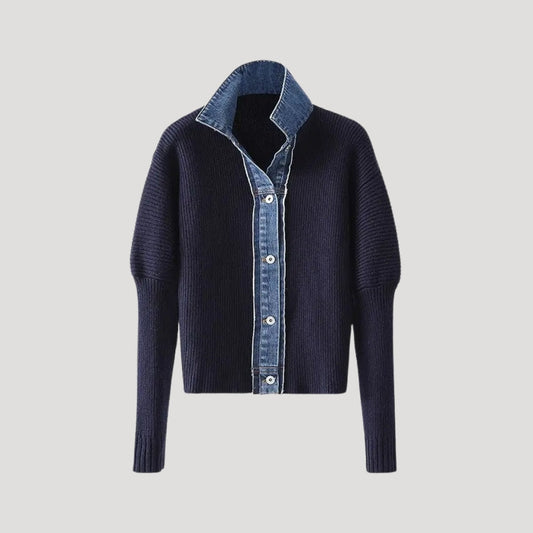 Denim-trim contrast button-front cardigan for women | Denicore -1