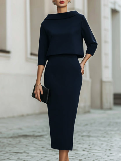 Boat-neck top and straight midi skirt set for women | Arvienne -9