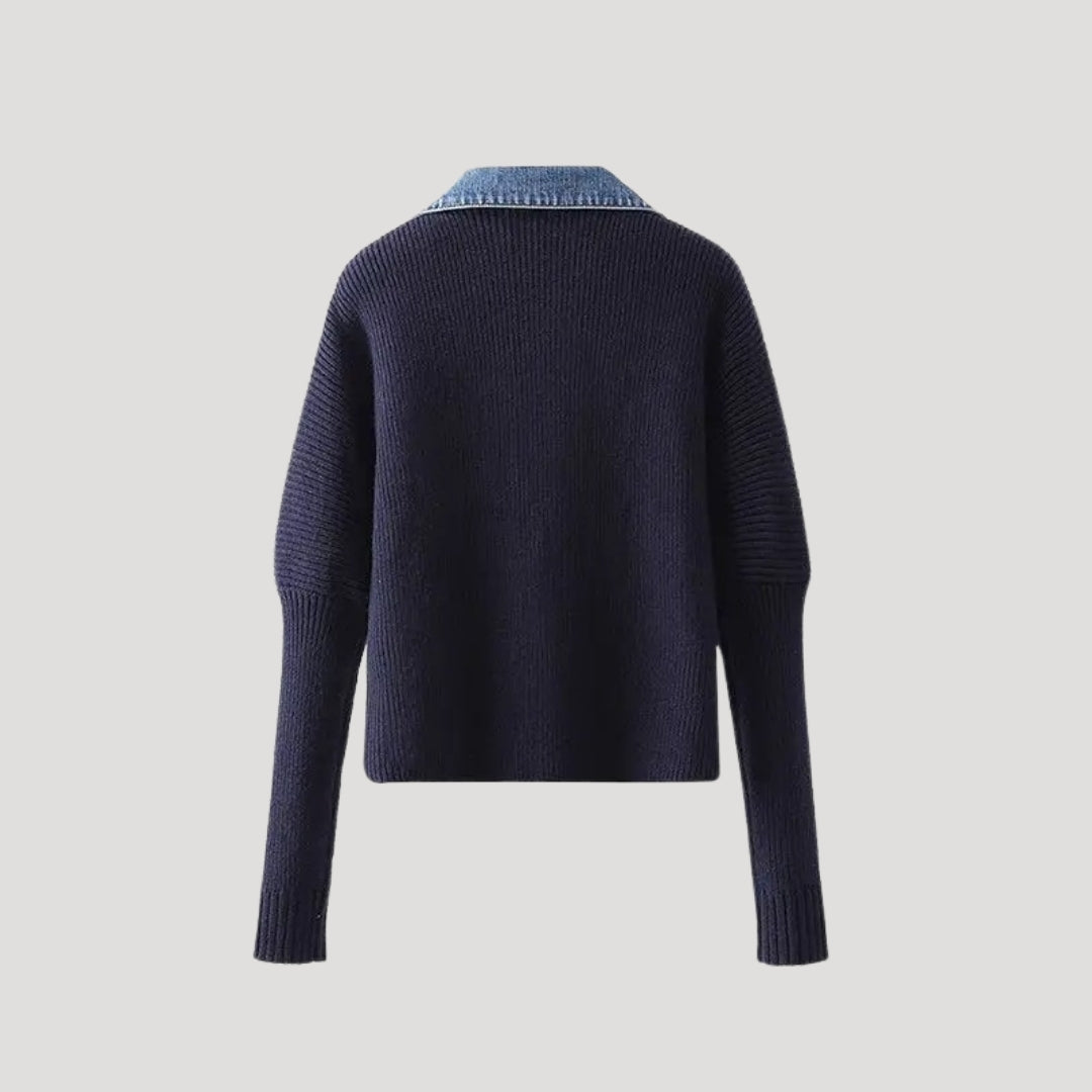 Denim-trim contrast button-front cardigan for women | Denicore -2
