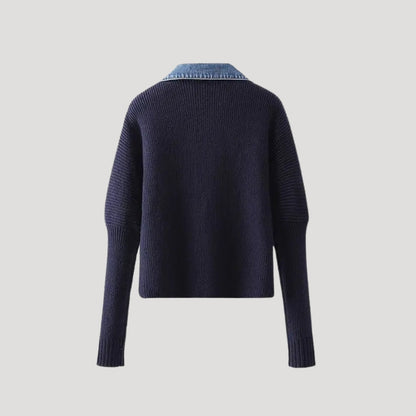 Denim-trim contrast button-front cardigan for women | Denicore -2