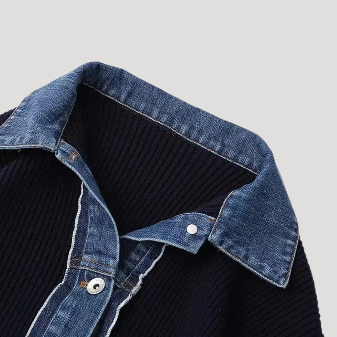 Denim-trim contrast button-front cardigan for women | Denicore -3