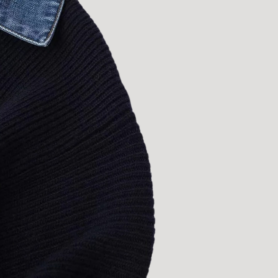 Denim-trim contrast button-front cardigan for women | Denicore -6
