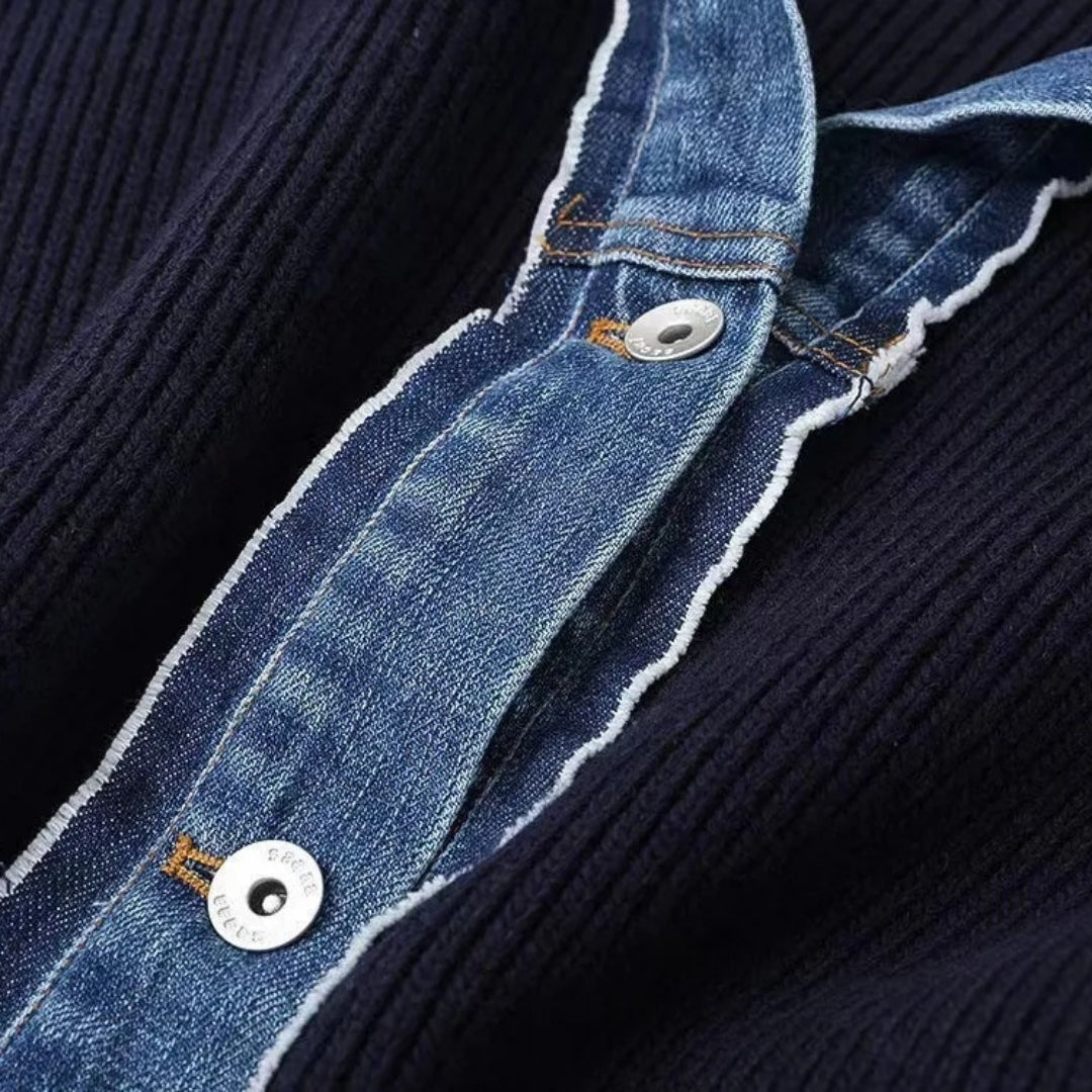 Denim-trim contrast button-front cardigan for women | Denicore -7