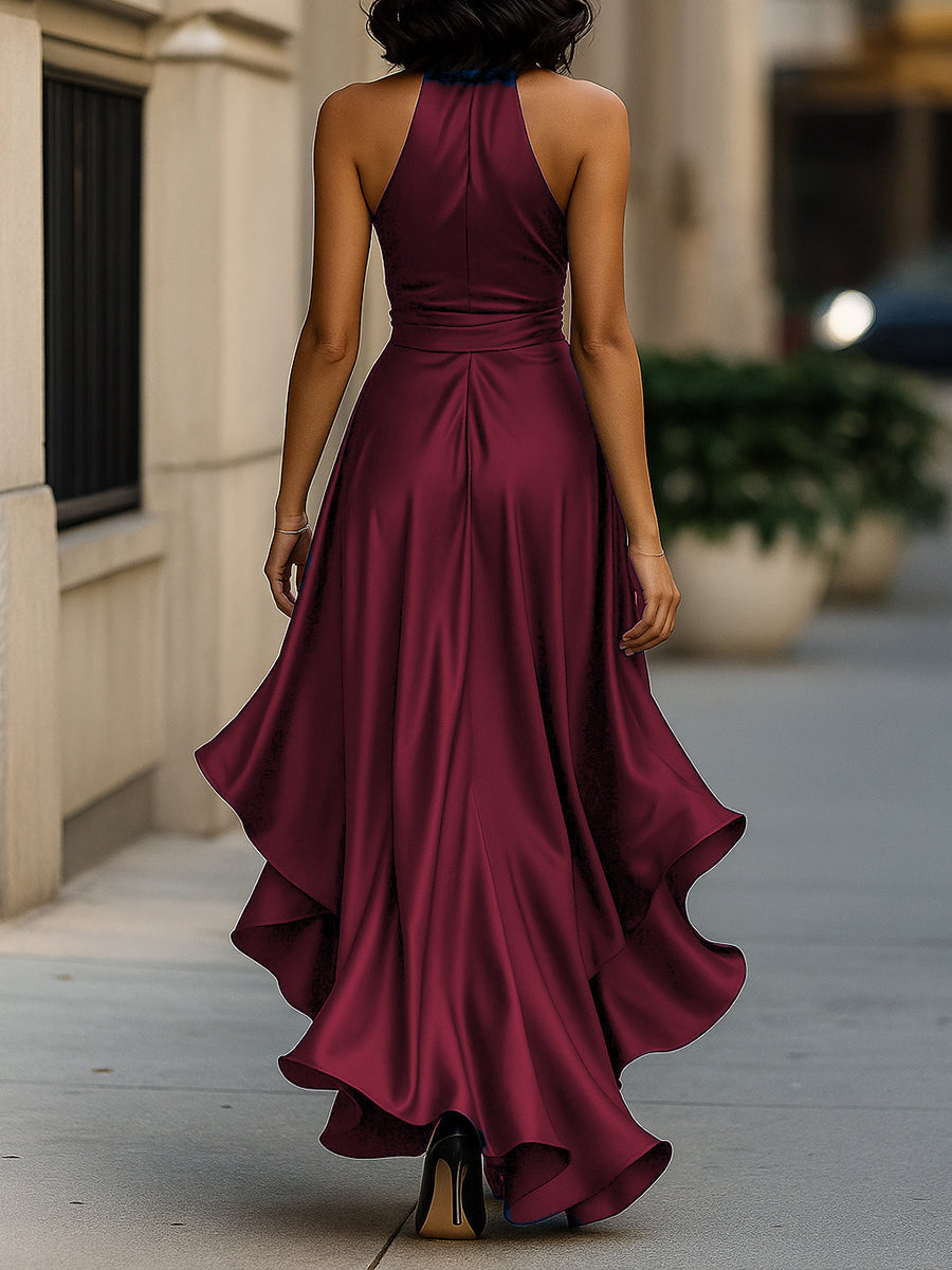 Halter ruffle high-low evening gown for women | Noctelle -8