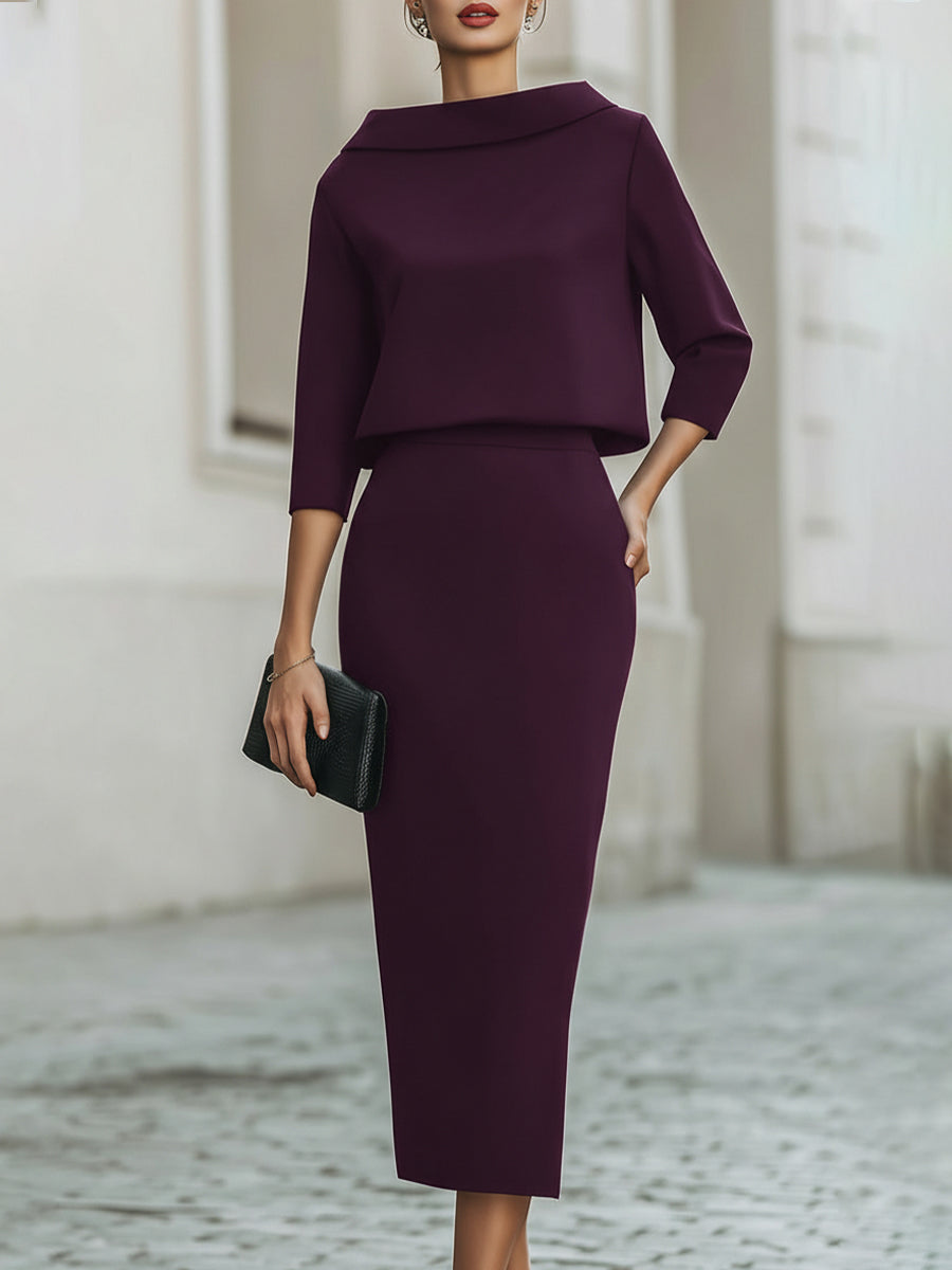 Boat-neck top and straight midi skirt set for women | Arvienne -6