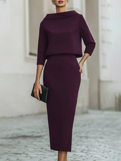 Boat-neck top and straight midi skirt set for women | Arvienne -6