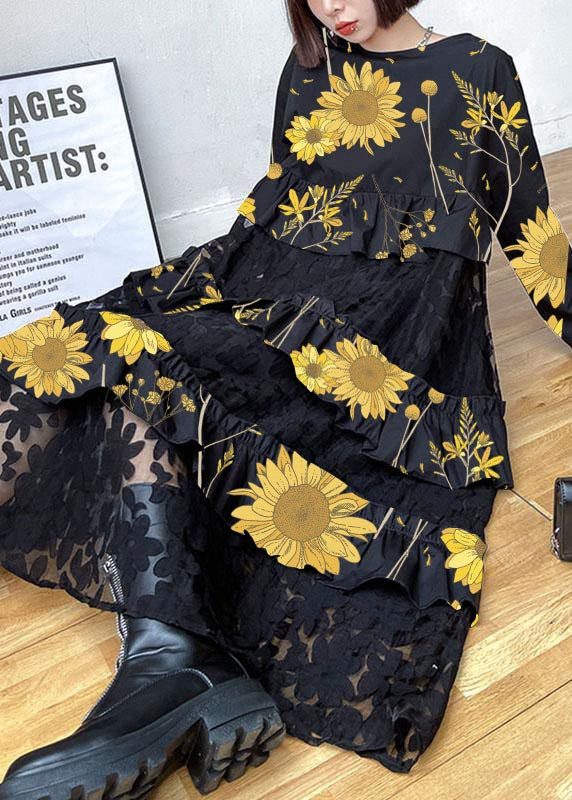 Bohemian Black Ruffle Panel Autumn Dress For Women | Seraphine